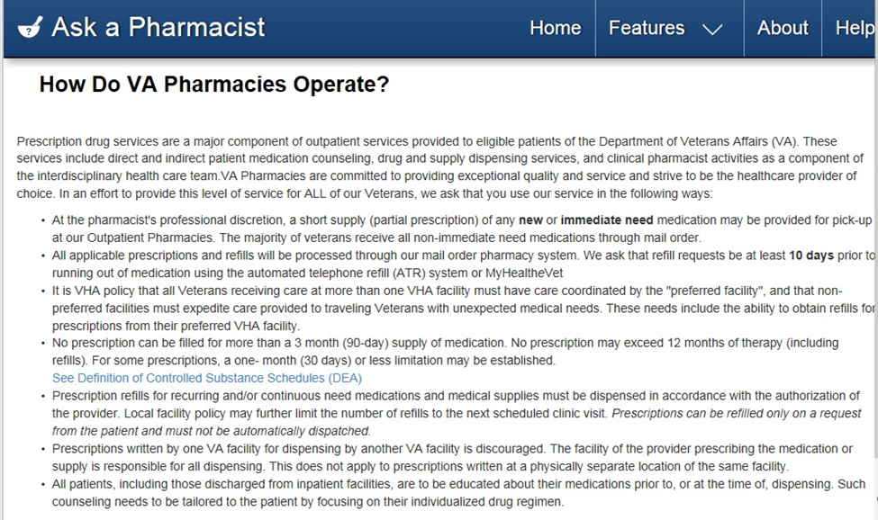 screenshot of About VA Pharmacies view