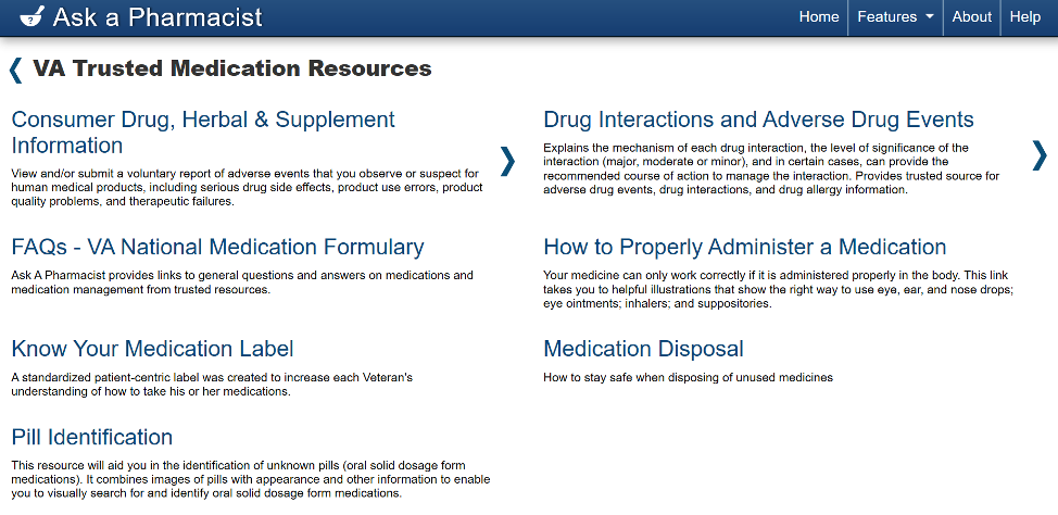 screenshot of VA Trusted Medication Resources view