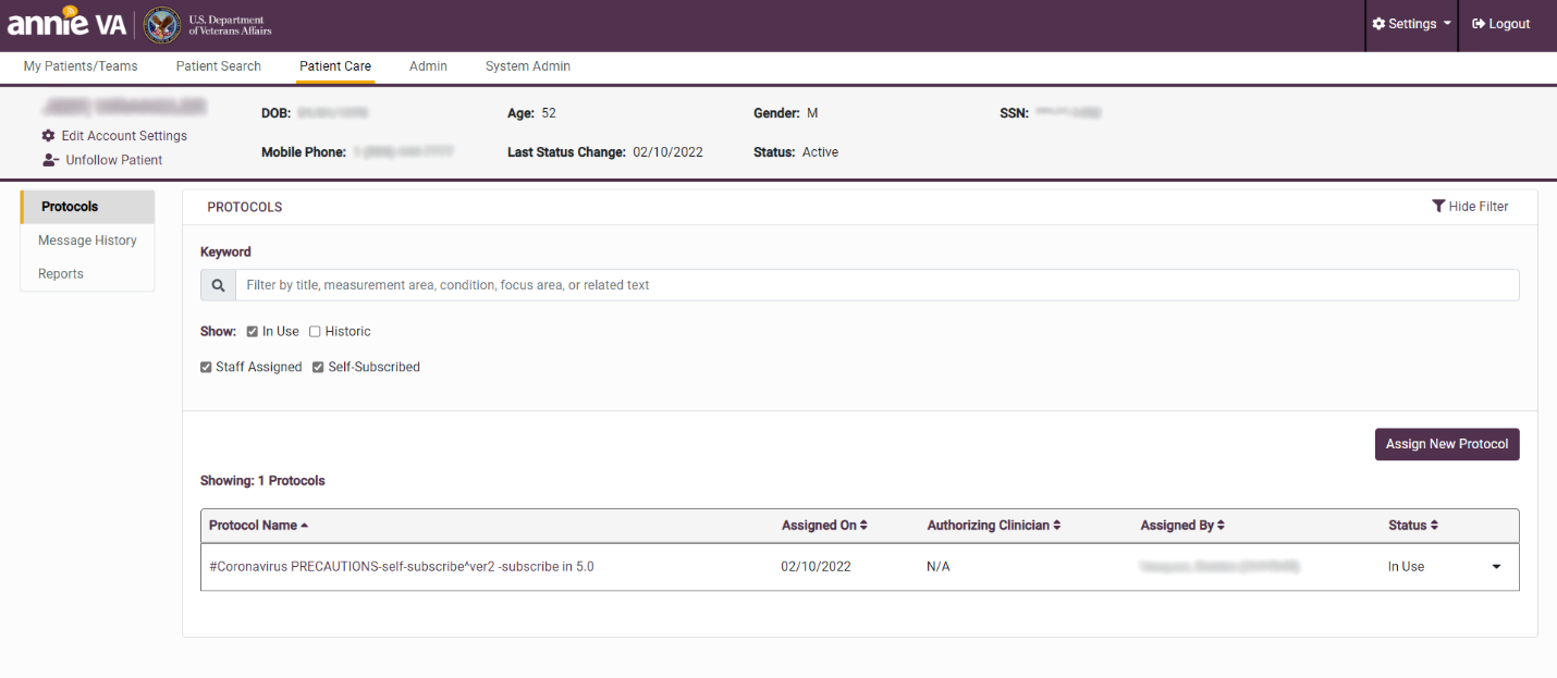 Screenshot of Manage Patients view