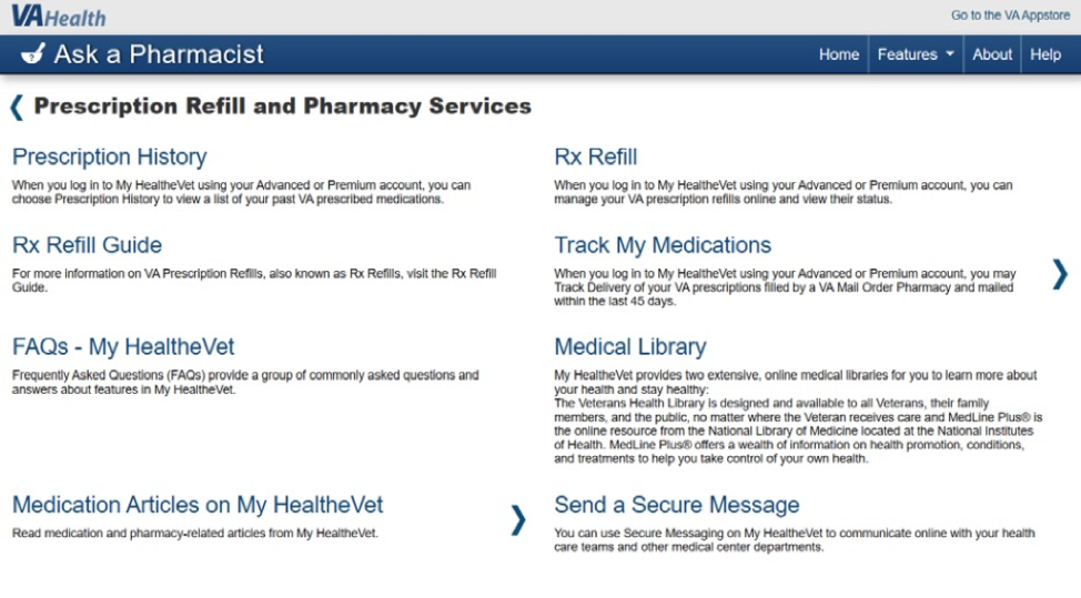 screenshot of View Prescription Refill and Pharmacy Services