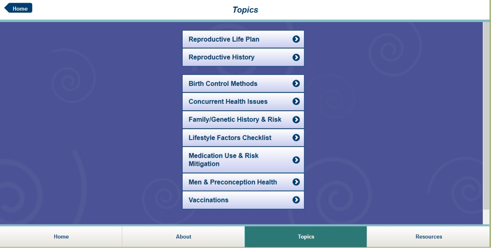 screenshot of Covering Preconception Care Topics view