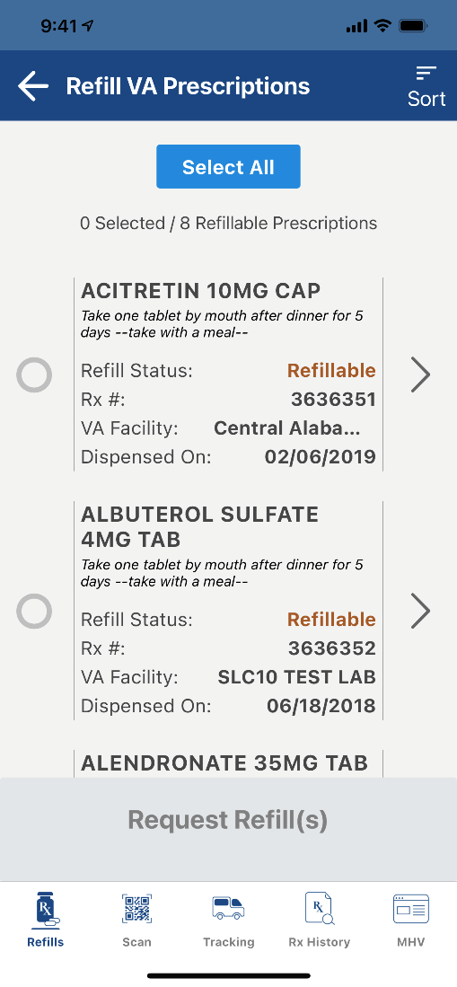 screenshot of Refill VA Prescriptions view