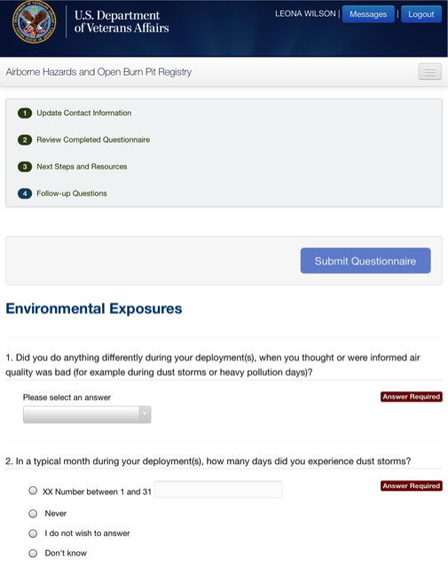 Burn Pit Registry - follow-up questions screenshot