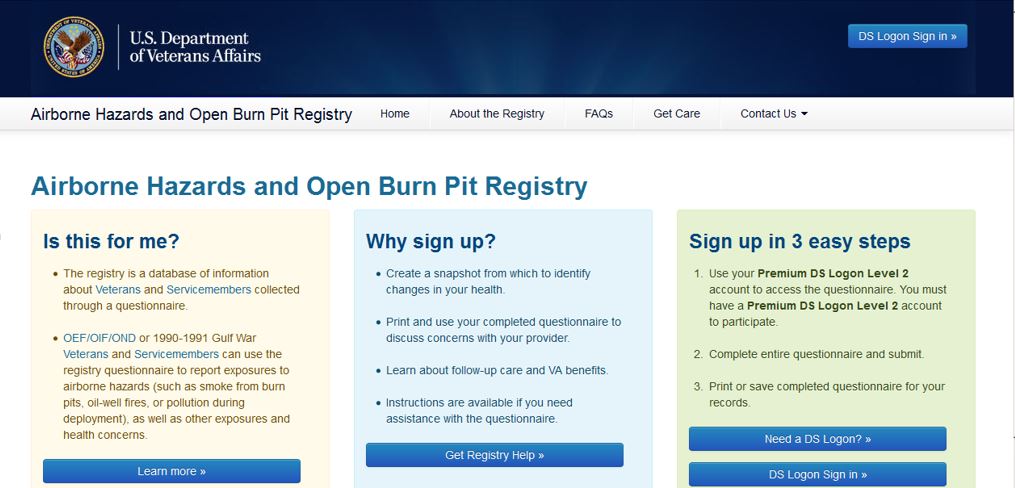 Airborne Hazards and Open Burn Pit Registry Welcome Page Welcome Page Screenshot