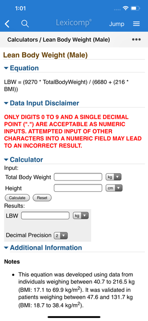 Lexicomp Drug Calculations/Lean Body Weight Screen