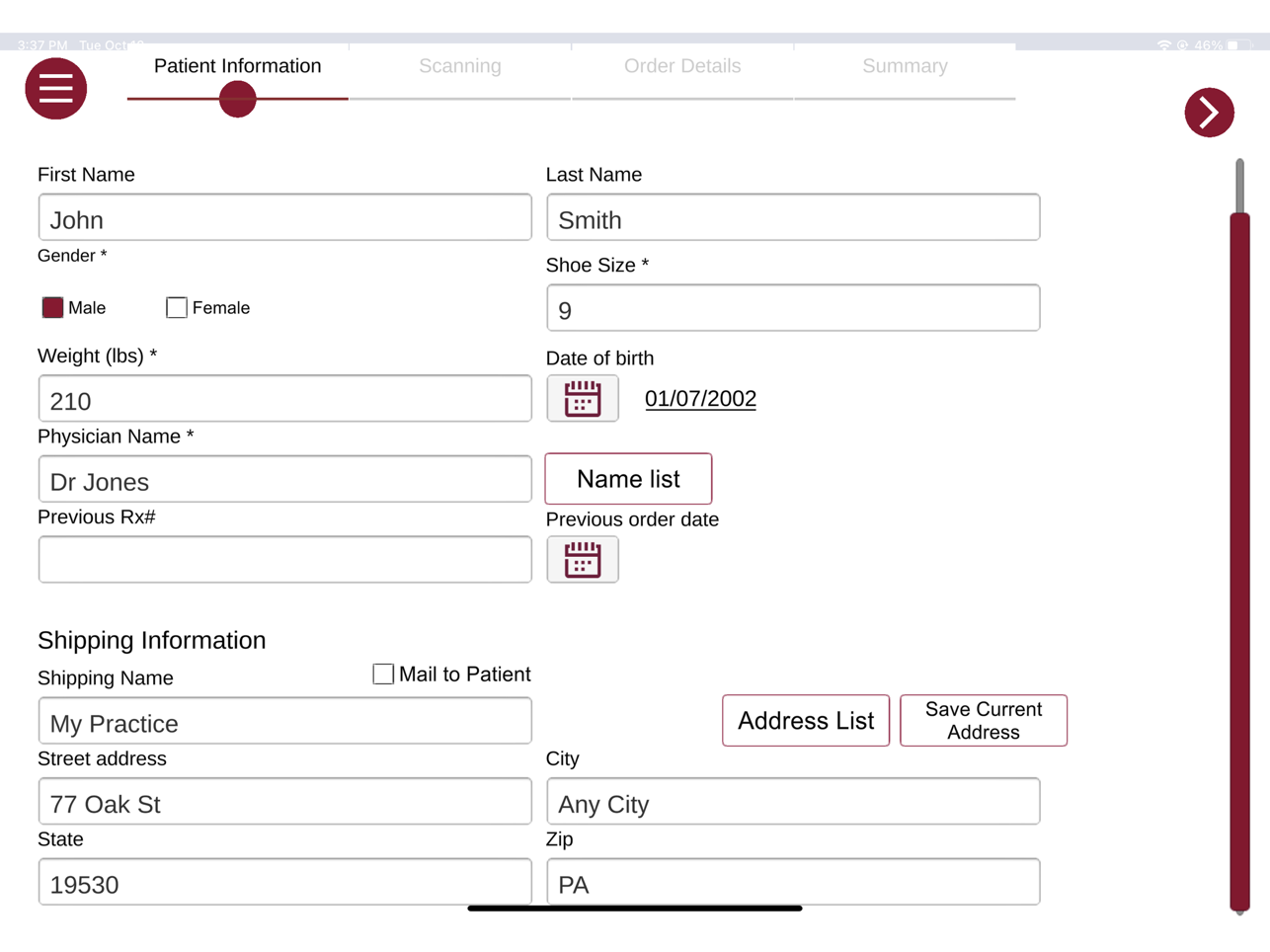 SOLO viSo Patient Information Screen