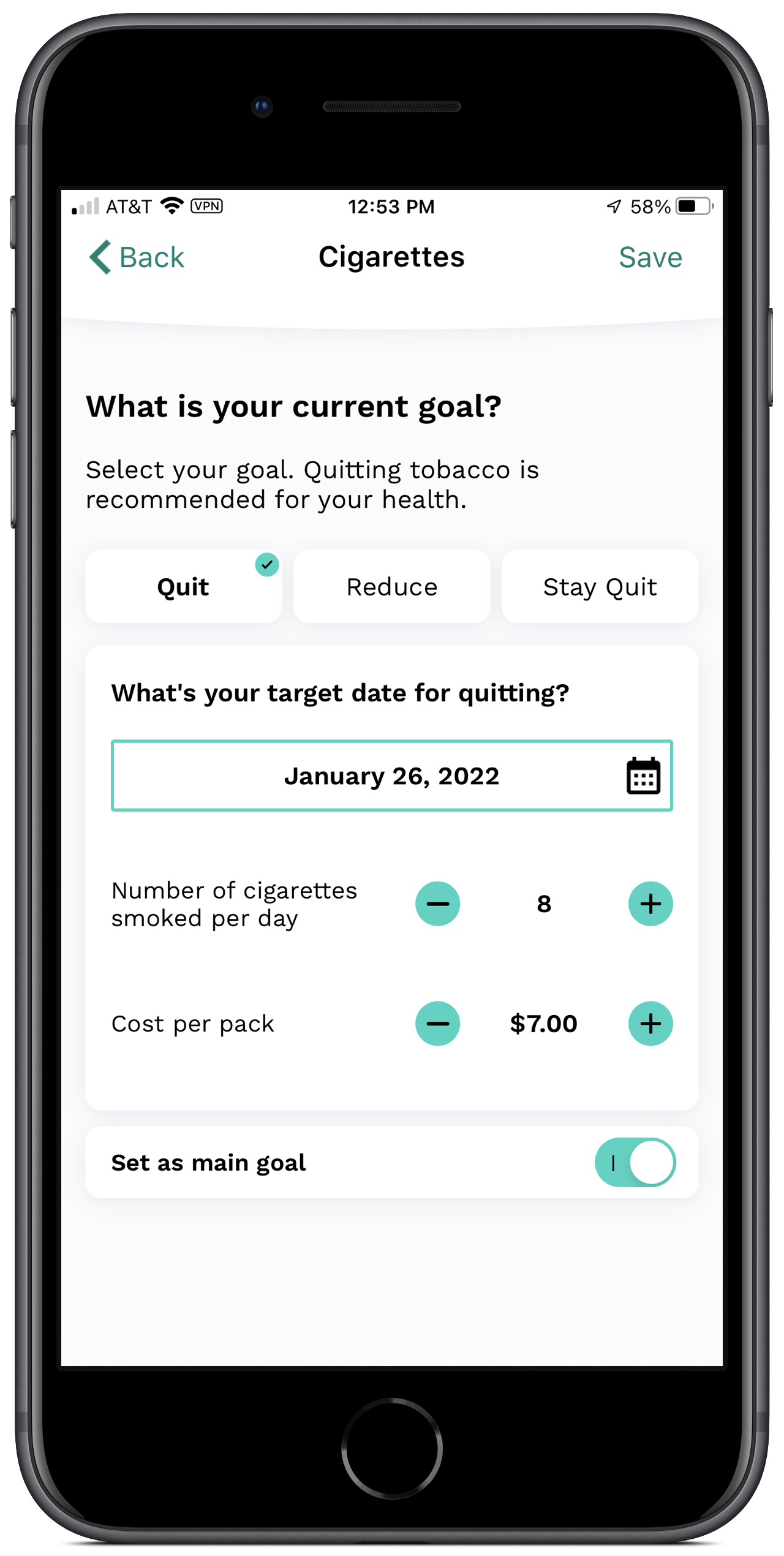 Stay Quit Goals Screen