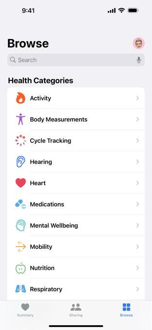 Apple Health Browse Screen