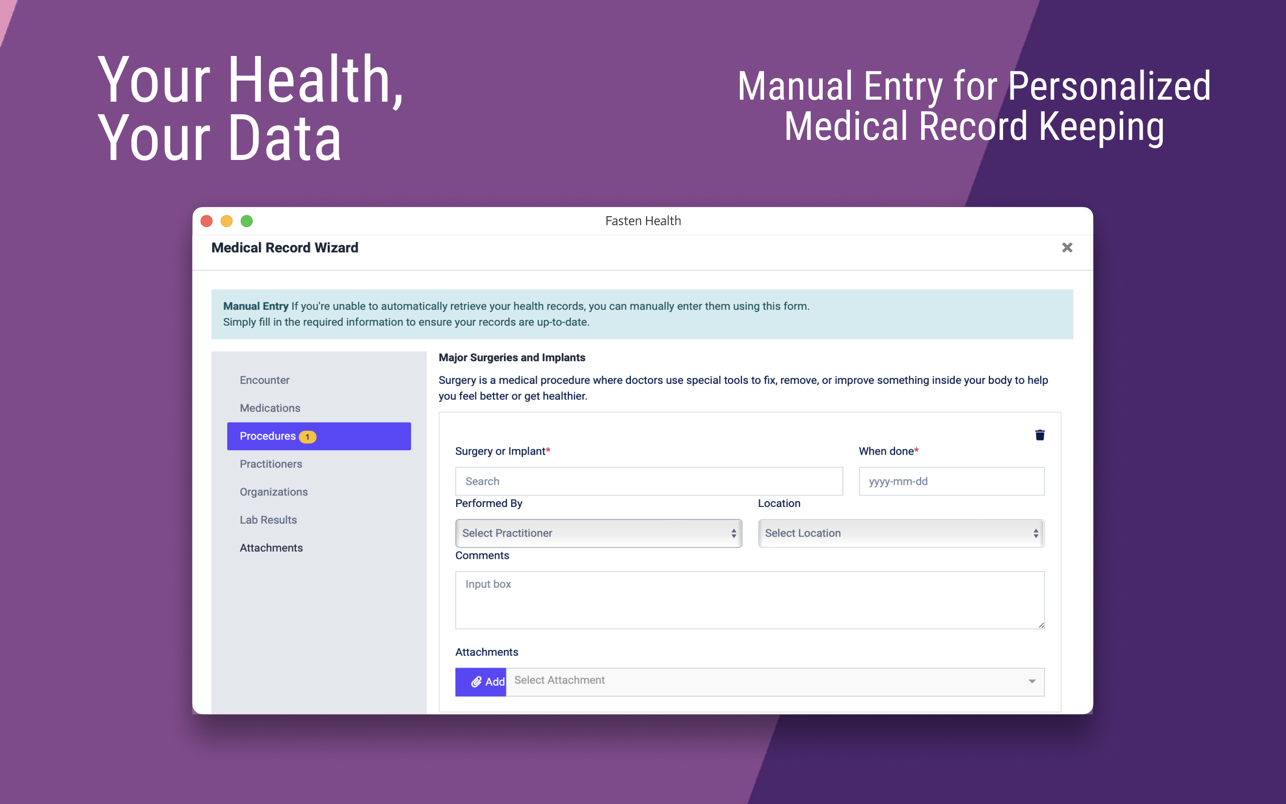 Fasten Health manual entry for personalized medical record keeping screen