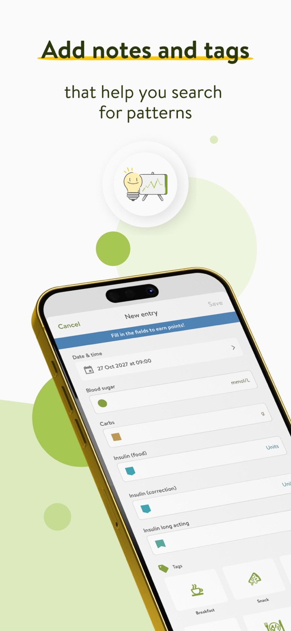 mySugr Add notes and tags that help you search for patterns screen