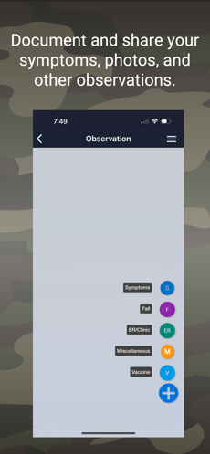 Vet mHealth dcoument and share your symptoms, photos, and other observations screen