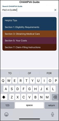CHAMPVA Guide screen shows "FILE A CLAIM" typed within search box with results appearing below.