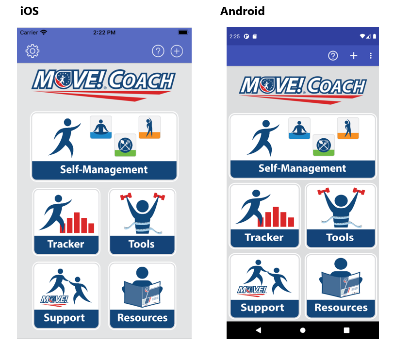 MOVE! Coach app screenshots from iOS and Android devices.