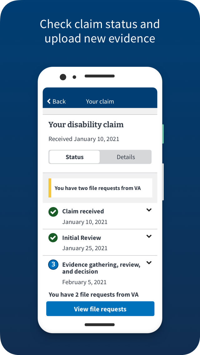 VA: Health and Benefits Claim Status Screen