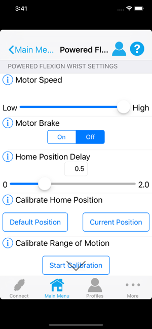 Motion Control User Interface Settings Screen 