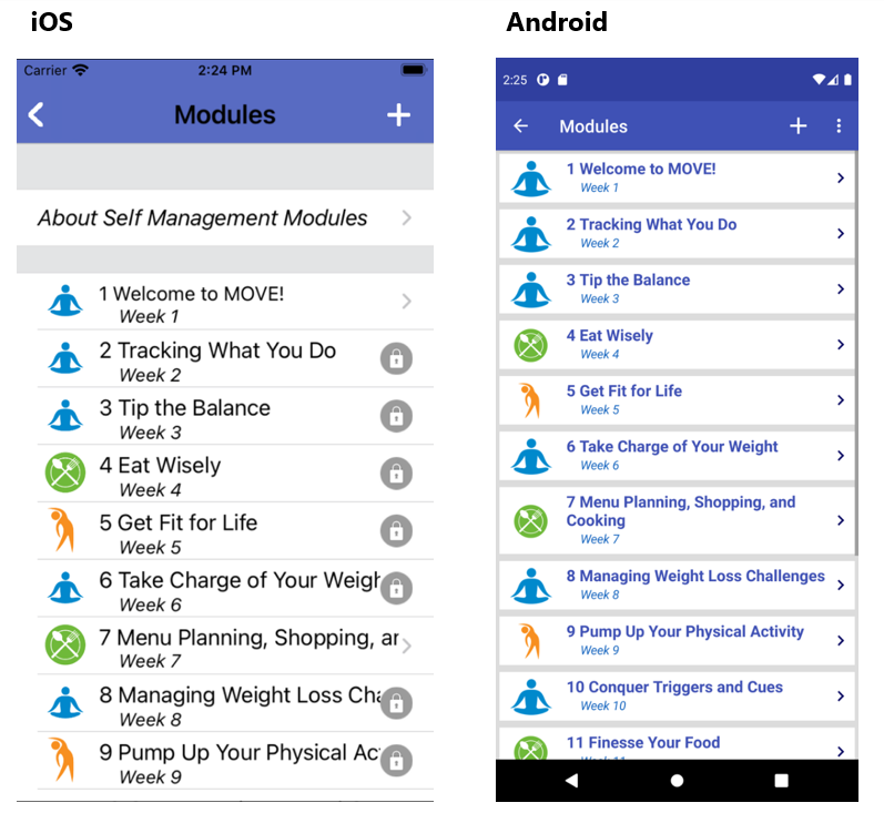 iOS and Android screenshots of Self-Management Modules view