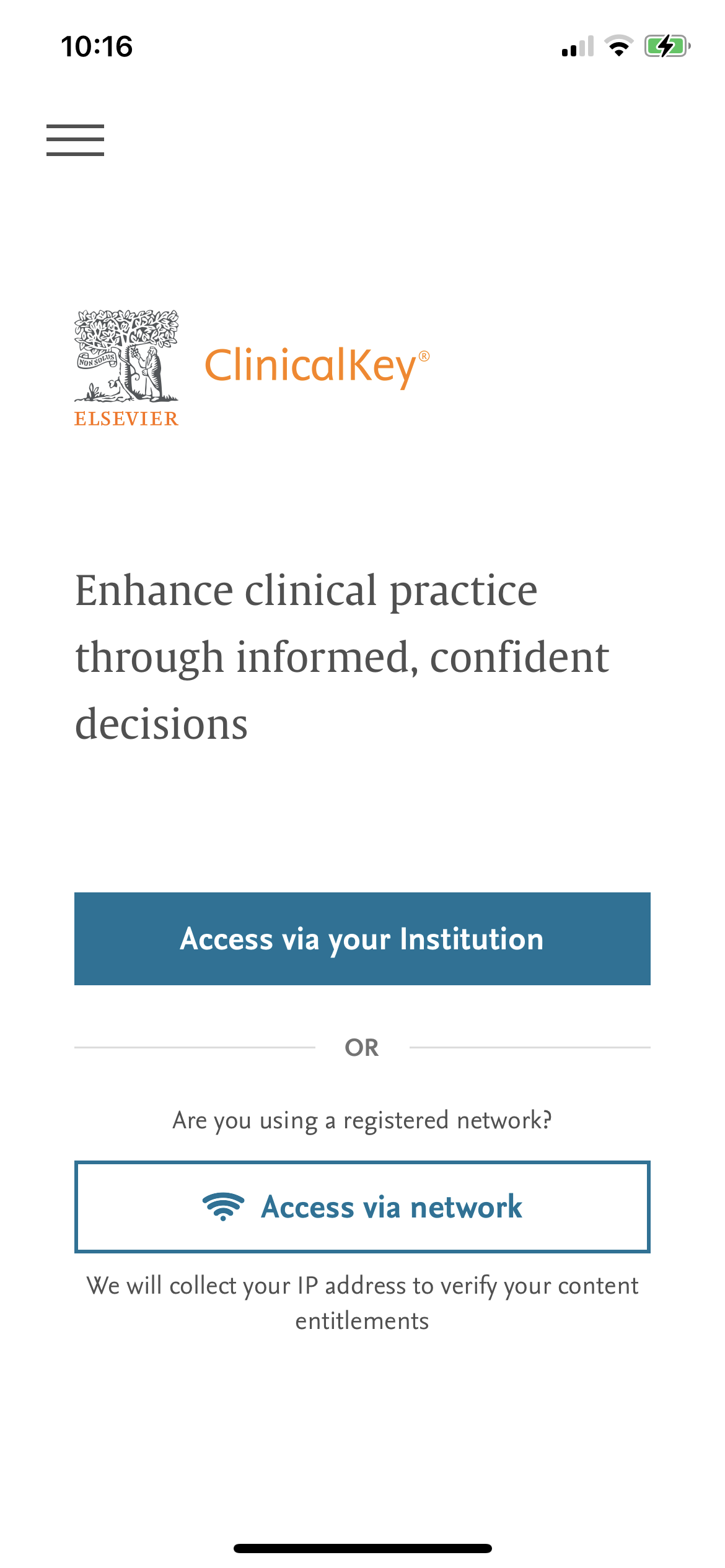 ClinicalKey Access via your Institution Screen